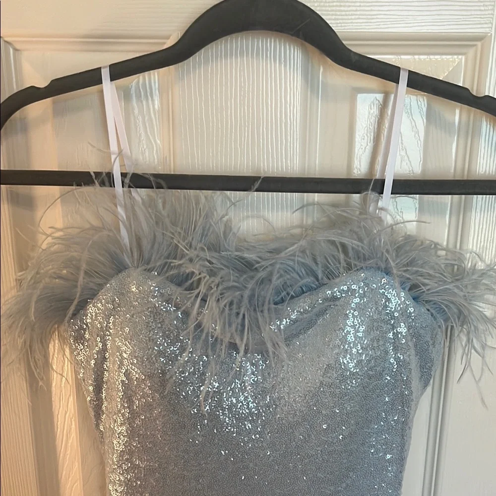 NWT B. Darlin Blue Sequin Feather Cocktail Dress - Picture 4 of 11